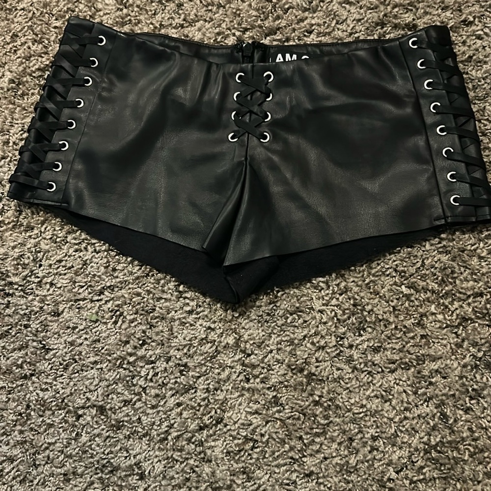 Black Lace-Up Leather Shorts